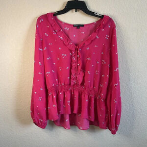 Gibson Womens Pink Floral Flowy V-Nek‎ Elastic Waist Top Puff Sleep Size Medium